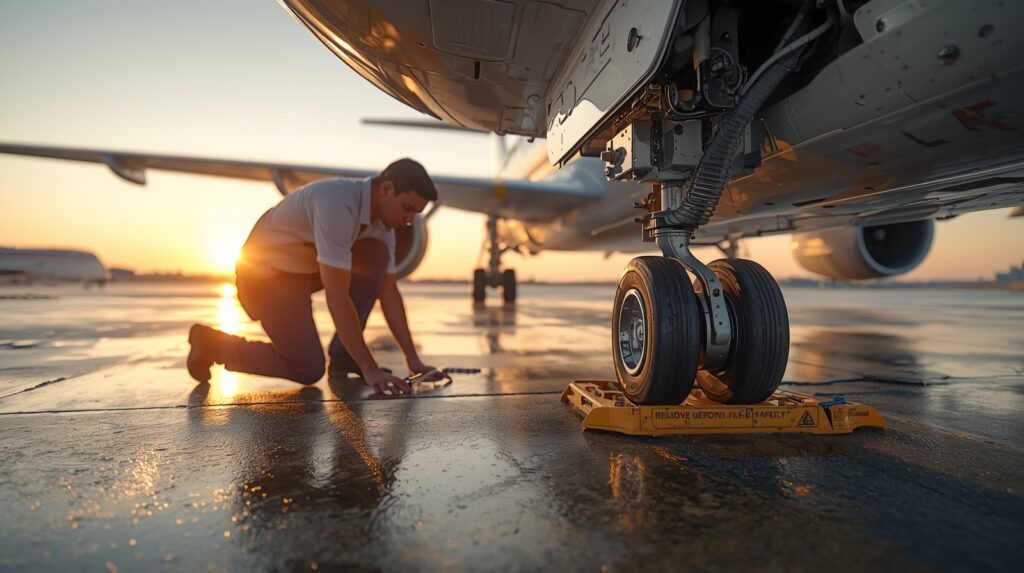 Mechanic checks landing gear, brakes, and safety pins during a sunrise walkaround—safety-first maintenance.
