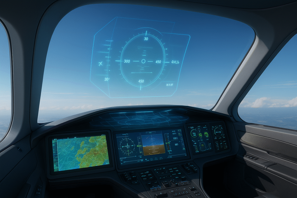 Interior of a futuristic commercial aircraft cockpit with holographic digital displays