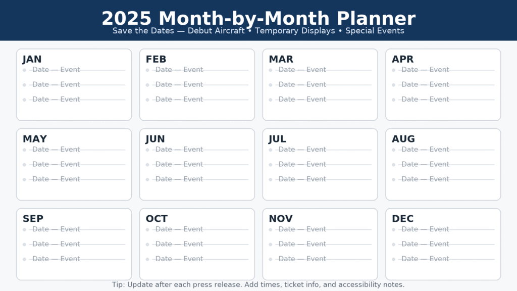 2025 month-by-month planner grid with 12 month tiles and “Date — Event” placeholders