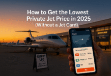 How to Get the Lowest Private Jet Price in 2025 (Without a Jet Card) Private jet on FBO ramp at sunset with a phone showing live charter prices and empty-leg deals