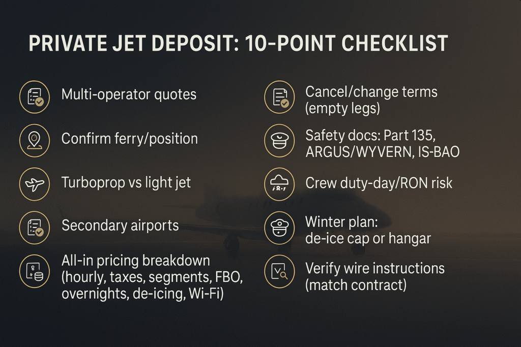 How to Get the Lowest Private Jet Price in 2025 (Without a Jet Card) 2 Private jet deposit checklist—10 items to verify before wiring funds