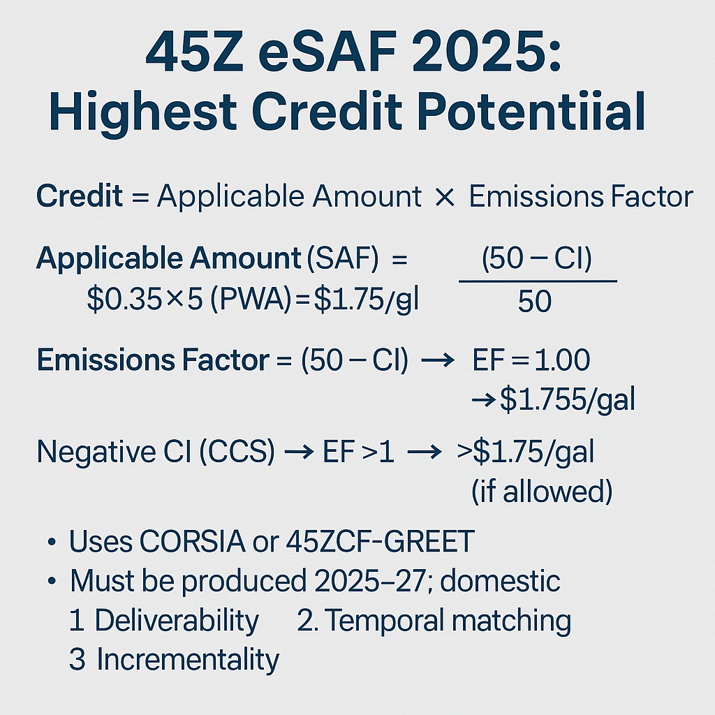Section 45Z eSAF 2025 credit math—$1.75/gal base and (50−CI)/50 emissions factor, with eligibility notes