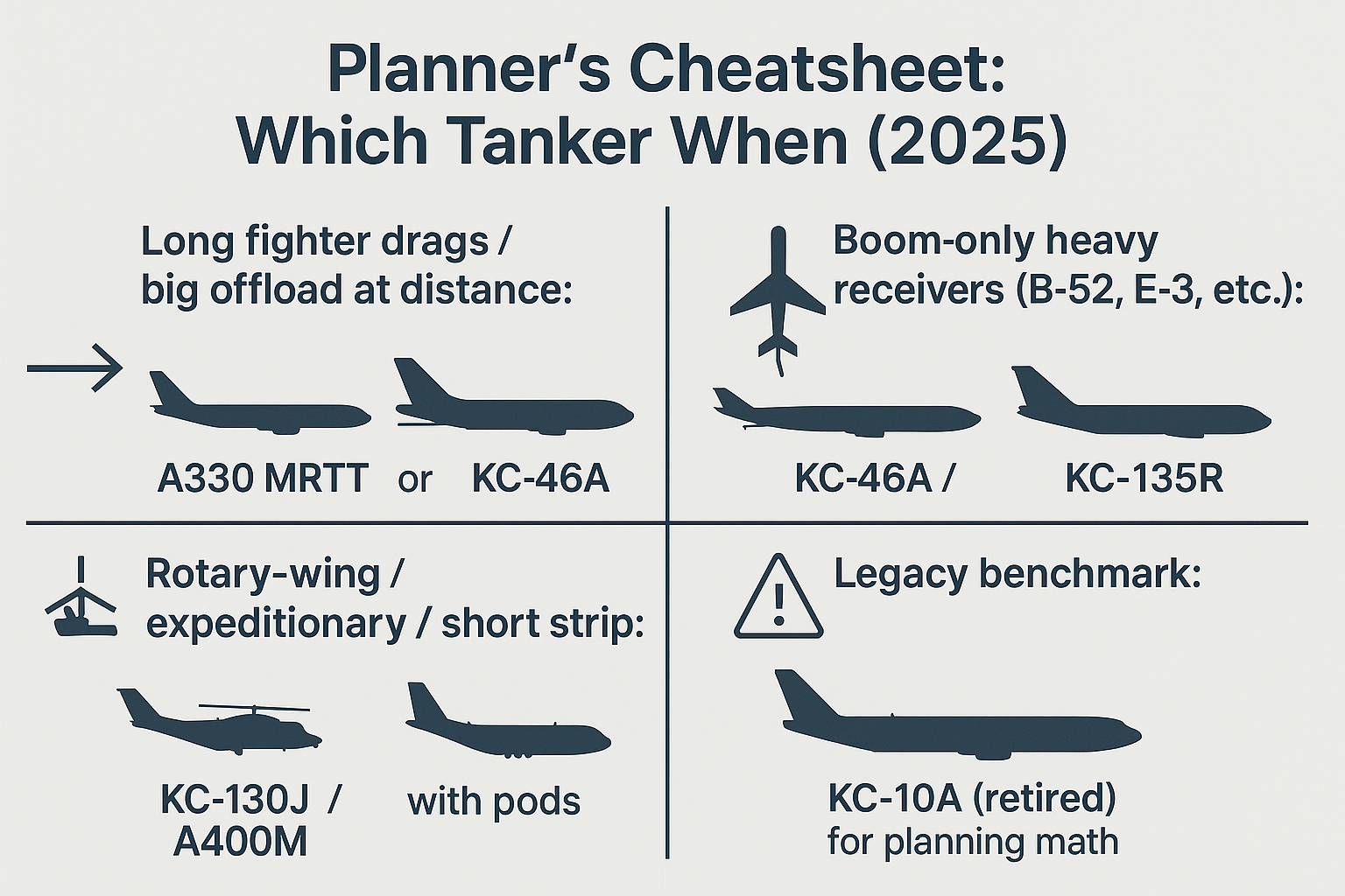 Planner’s cheatsheet matrix showing which tanker to pick by mission: A330 MRTT/KC-46A, KC-46A/KC-135R, KC-130J/A400M, and KC-10A benchmark