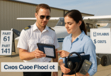 How to Choose a Flight School in 2025: Part 61 vs Part 141, Syllabus, and Costs tudent and instructor compare Part 61 vs Part 141 on a tablet beside a Cessna trainer with syllabus and cost boards