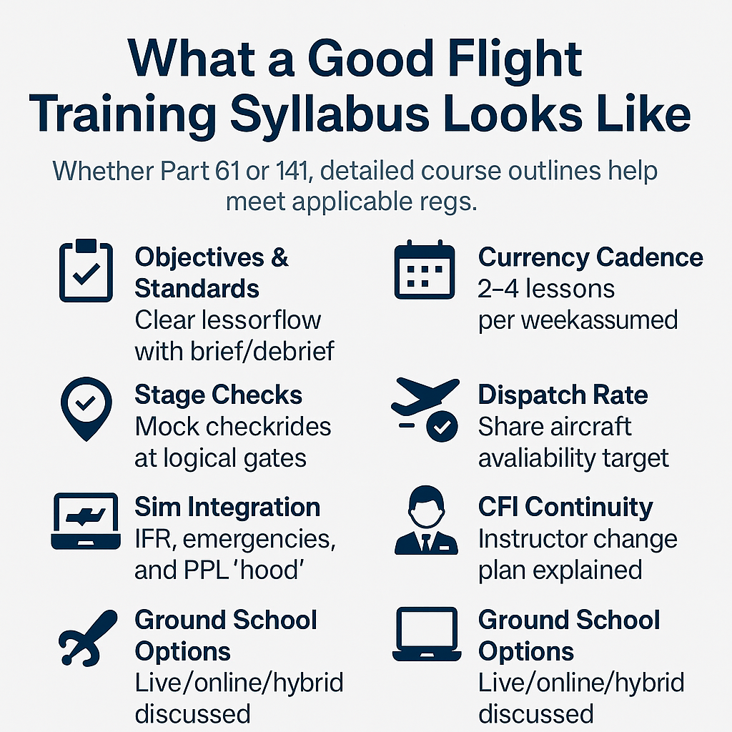Infographic—what a good flight training syllabus includes: objectives/standards, stage checks, sims, cadence, dispatch rate, CFI continuity, ground school