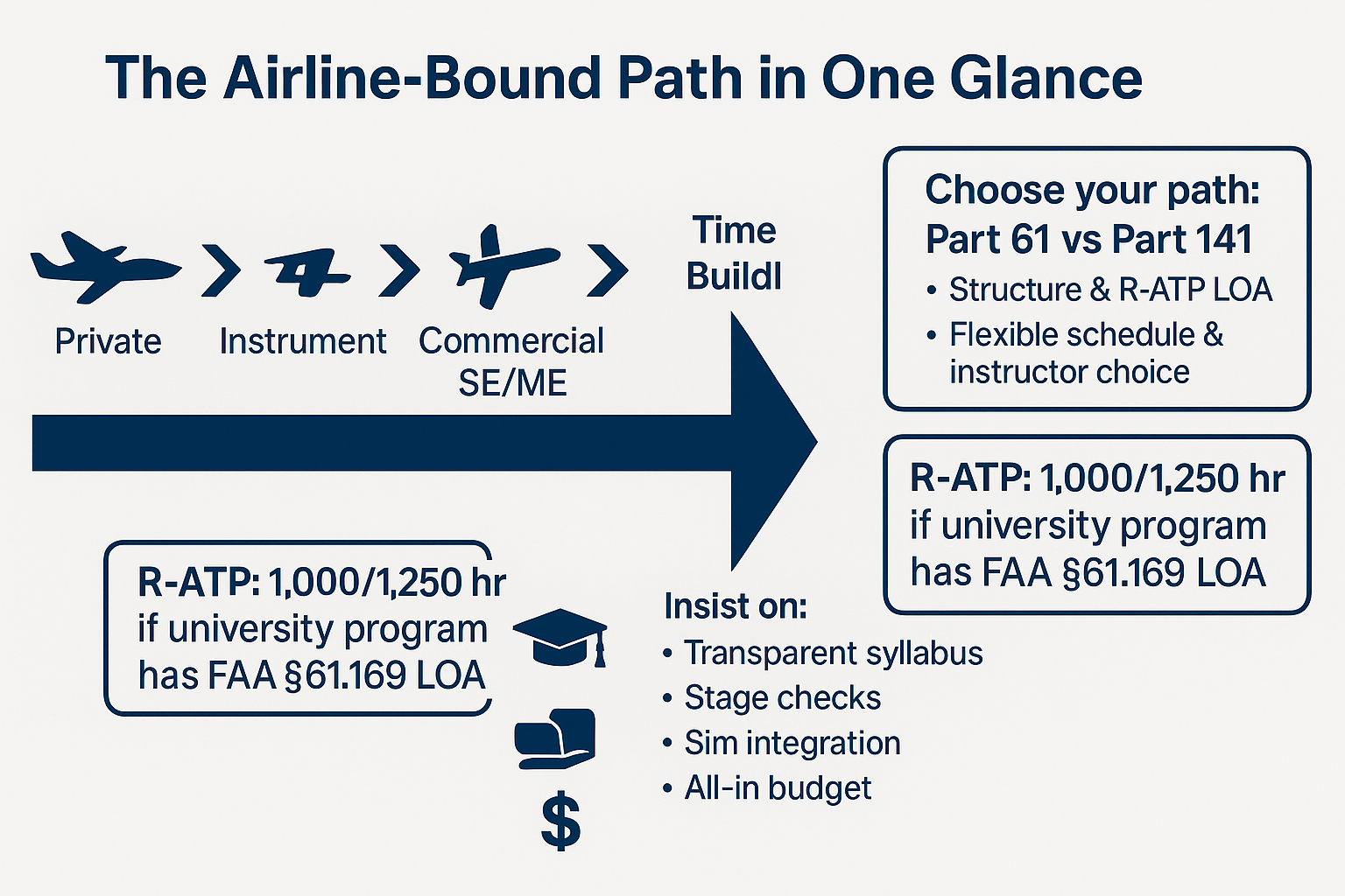 Infographic—Private → Instrument → Commercial SE/ME → CFI/CFII/MEI → time build, with Part 61 vs 141 and R-ATP §61.169 LOA callouts