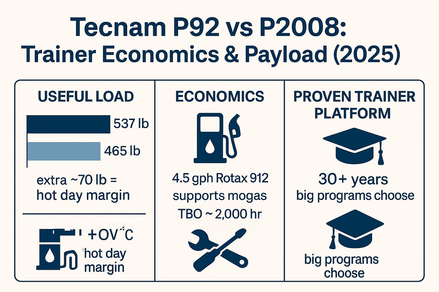 Tecnam P2008 vs P92: Which LSA Makes the Better Primary Trainer in 2025? 1 Infographic comparing Tecnam P92 vs P2008—useful load 537 lb vs 465 lb, Rotax 912 economics, and 30+ years training pedigree