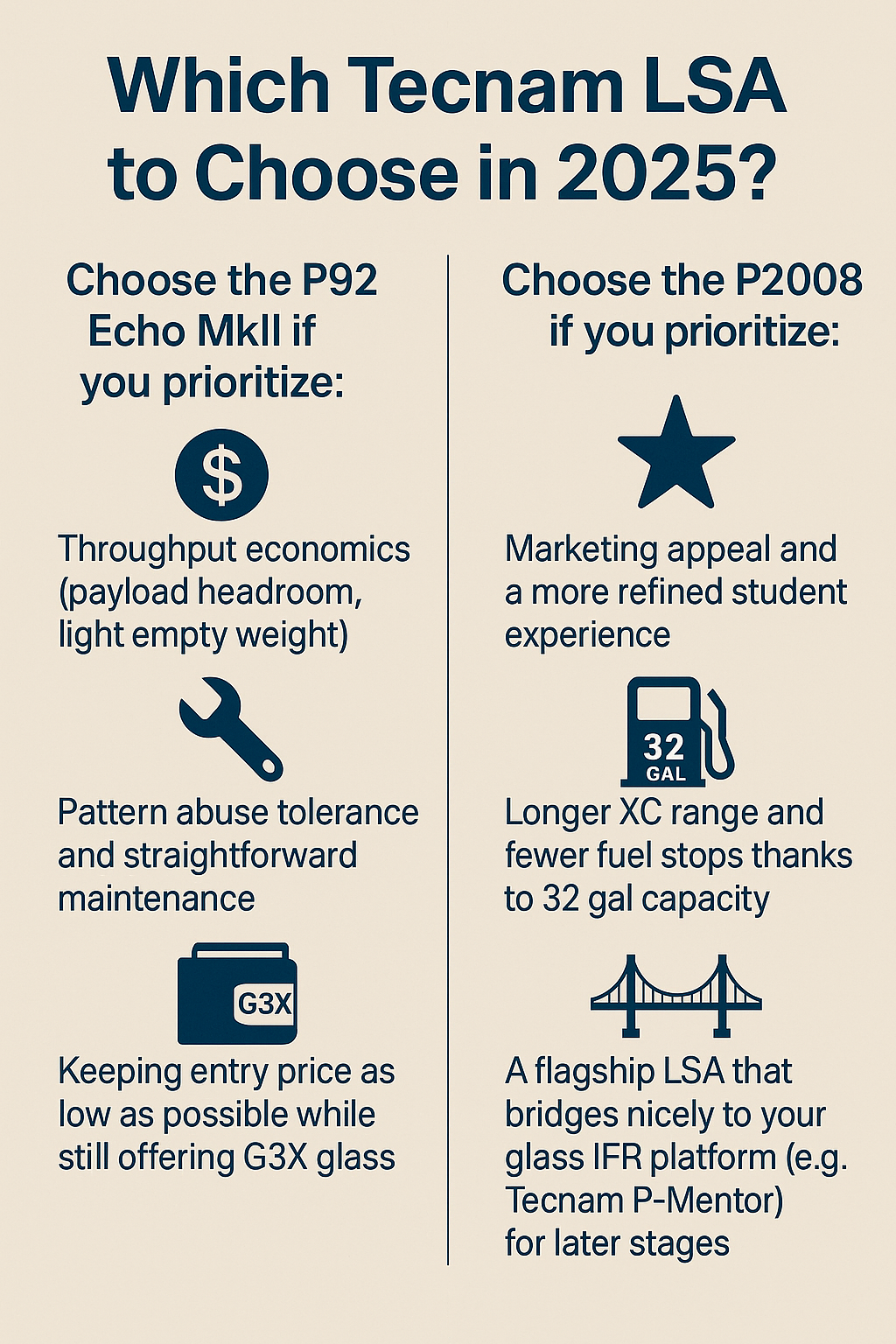 Tecnam P2008 vs P92: Which LSA Makes the Better Primary Trainer in 2025? 2 Two-column comparison—Tecnam P92 Echo MkII vs P2008 priorities (economics/maintenance/price vs polish/range/IFR bridge)
