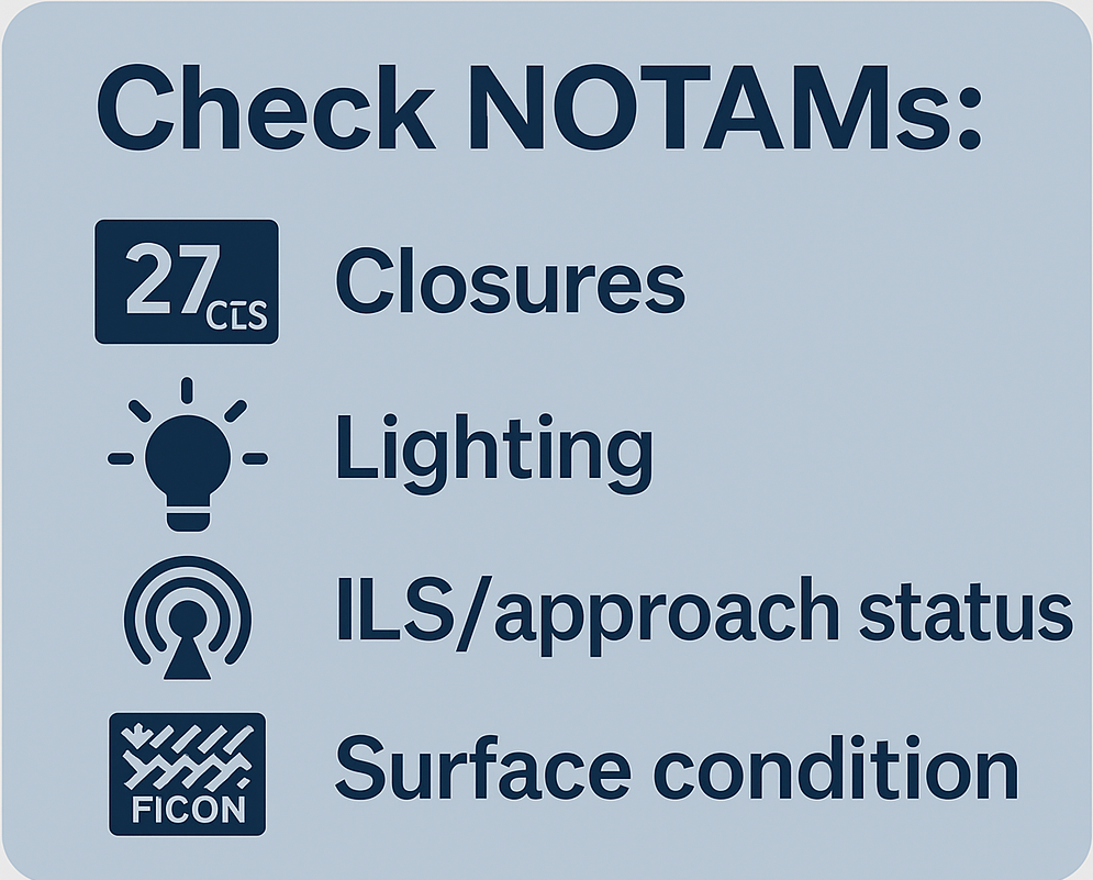 NOTAM checklist—closures, lighting, ILS/approach status, surface condition (FICON)