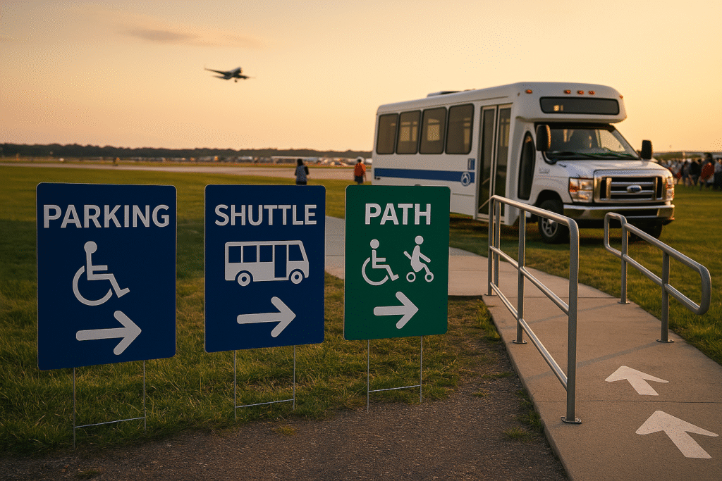 Accessible parking, shuttle bus, and ramped path signs at an airshow during golden hour