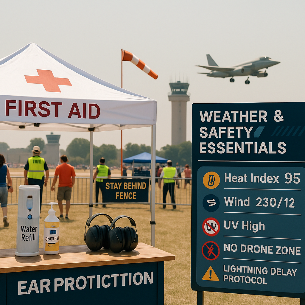 Weather & Safety station at an airshow—first-aid tent, hydration and sunscreen, windsock, “No Drone Zone,” and heat/UV board