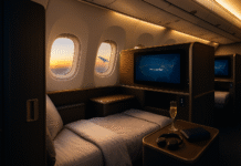 Best Lie-Flat Seats 2025: Suites with Doors on U.S. Carriers Private lie-flat suite with sliding door on a U.S. carrier—bed made up, IFE map, sunset view, champagne and headphones