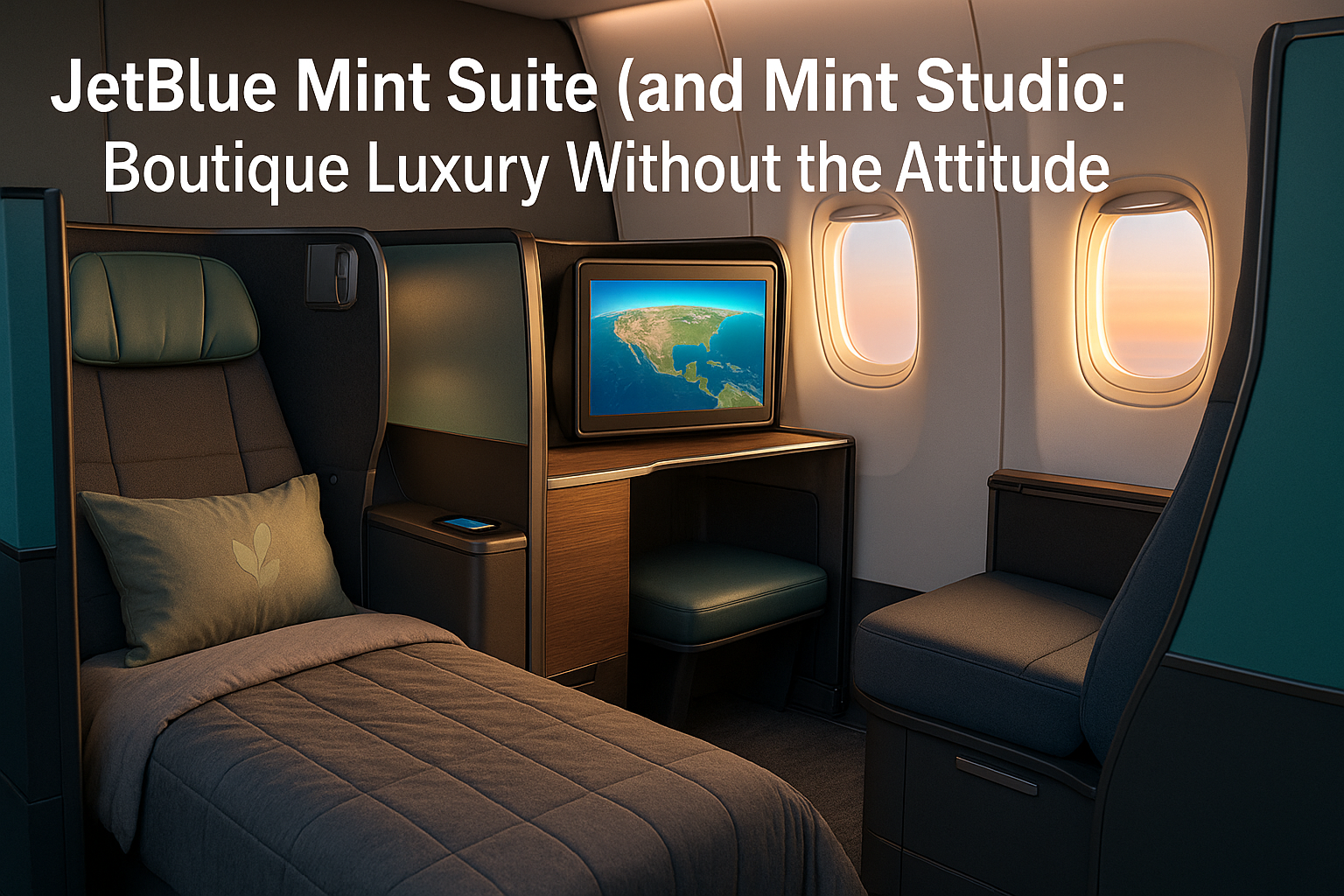 Best Lie-Flat Seats 2025: Suites with Doors on U.S. Carriers 1 JetBlue-style Mint Suite and larger Mint Studio with sliding doors, lie-flat bed, big IFE, and guest ottoman at sunset