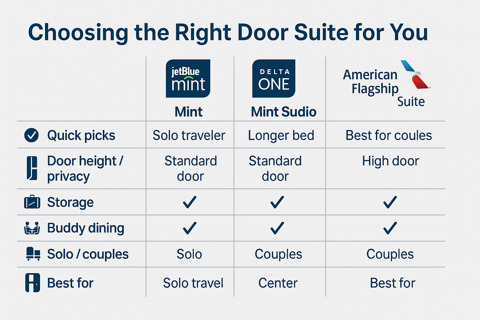Best Lie-Flat Seats 2025: Suites with Doors on U.S. Carriers 2 Comparison chart of door-suite business cabins—JetBlue Mint Suite/Studio, Delta One Suite, and American Flagship Suite—with quick picks and features