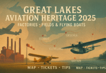 Great Lakes Aviation Heritage 2025: Factories, Fields, Flying Boats—A Veteran’s Weeklong Loop Vintage Great Lakes aviation route—factory skyline, grass-field Cub, and a PBY Catalina over the lake, with a dashed path linking Detroit, Cleveland, Oshkosh, and Dayton.