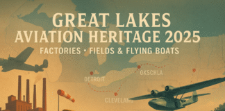 Great Lakes Aviation Heritage 2025: Factories, Fields, Flying Boats—A Veteran’s Weeklong Loop Vintage Great Lakes aviation route—factory skyline, grass-field Cub, and a PBY Catalina over the lake, with a dashed path linking Detroit, Cleveland, Oshkosh, and Dayton.
