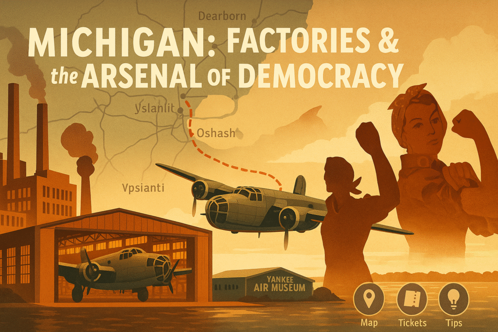 Vintage Michigan aviation poster—factory skyline, Rosie the Riveter silhouettes, WWII bomber at Willow Run/Yankee Air Museum, and a dashed route map (2–3 days).