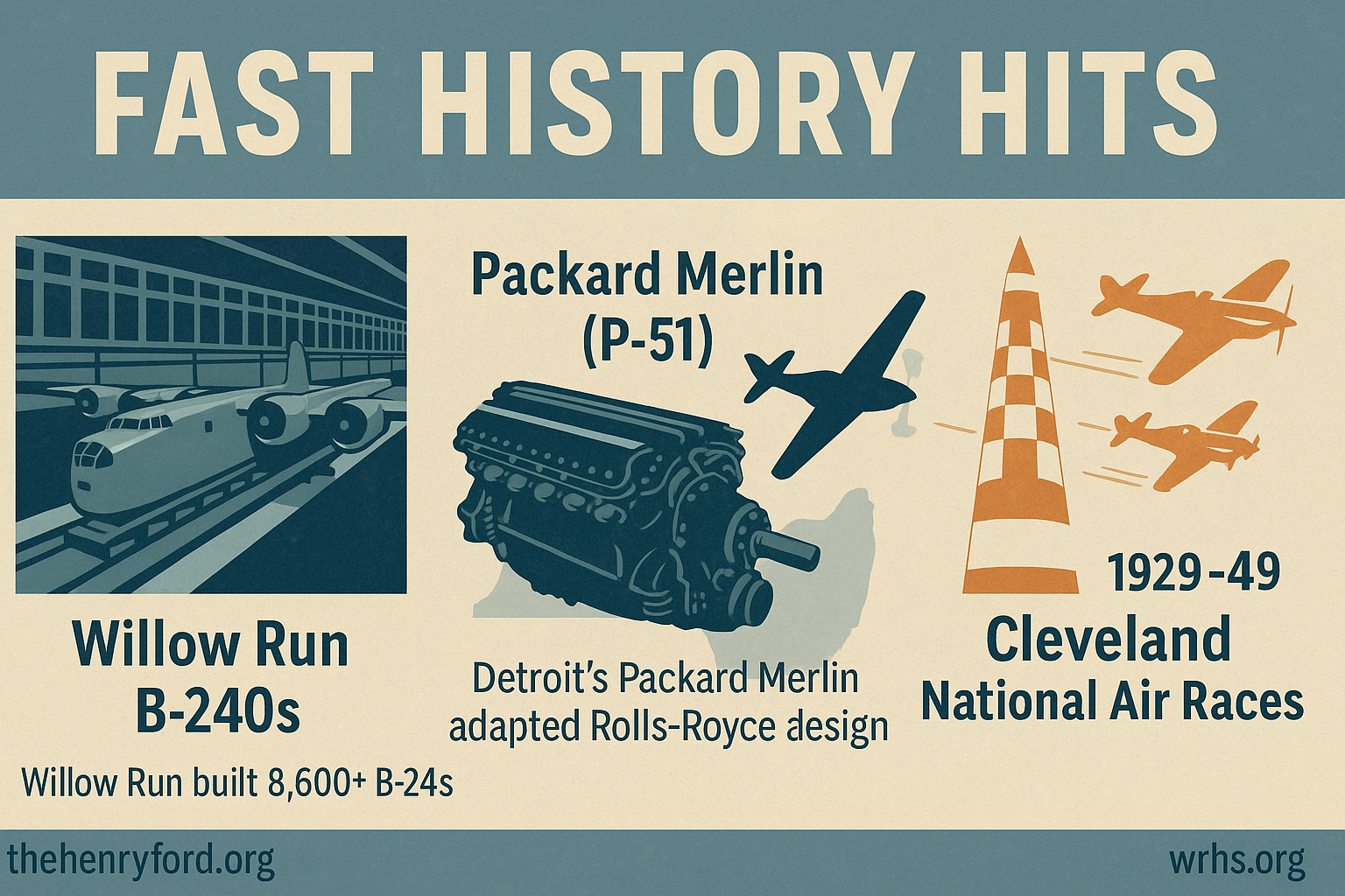 “Fast History Hits” infographic—Willow Run B-24 line, Packard Merlin/P-51, and Cleveland National Air Races.