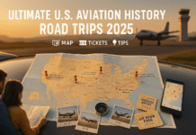 Ultimate U.S. Aviation History Road Trips 2025: Map, Tickets, Tip Sunset airport scene: U.S. map with pinned aviation history stops, museum tickets, air-show passes, and phone navigation.