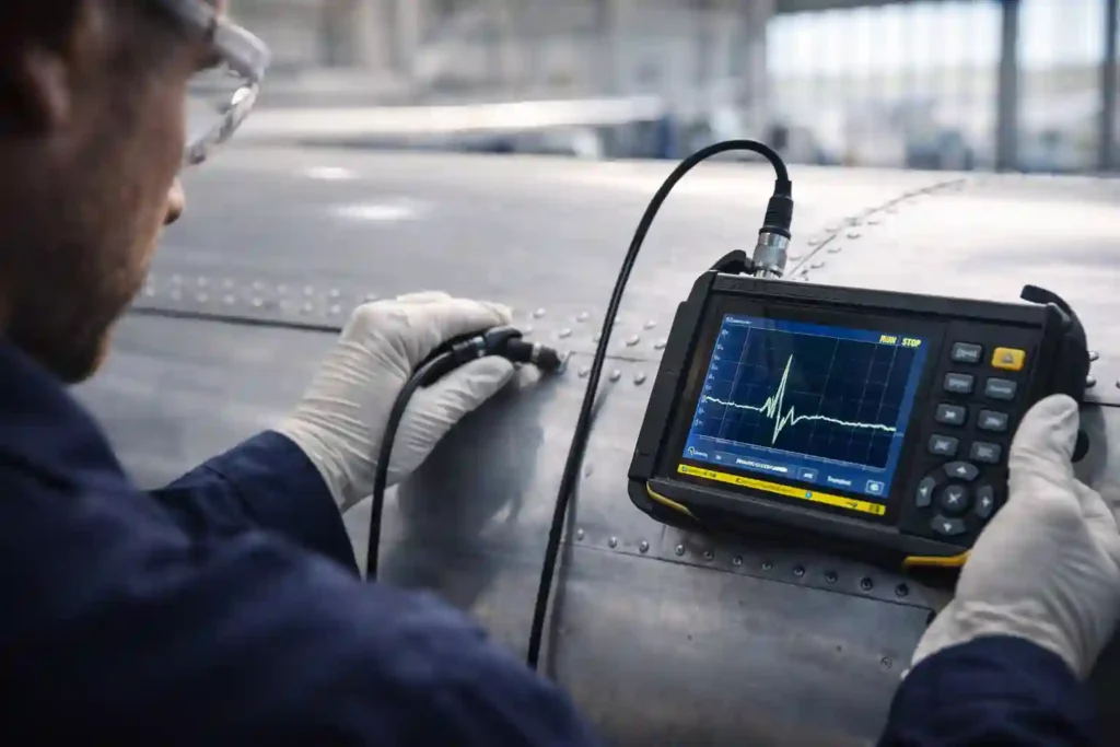 NDT Inspector: Training & Certification Guide 2 Technician performing Eddy Current inspection on aircraft fuselage rivets to detect cracks.