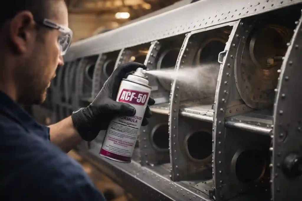 Aviation mechanic spraying ACF-50 corrosion inhibitor inside an airplane wing structure.