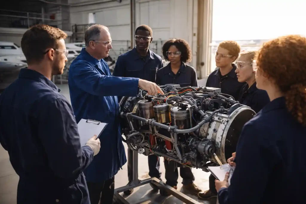 Students learning engine repair at an FAA Part 147 aviation maintenance training school.