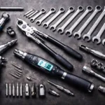 A collection of professional aviation mechanic tools including safety wire pliers and torque wrenches arranged on a workbench.