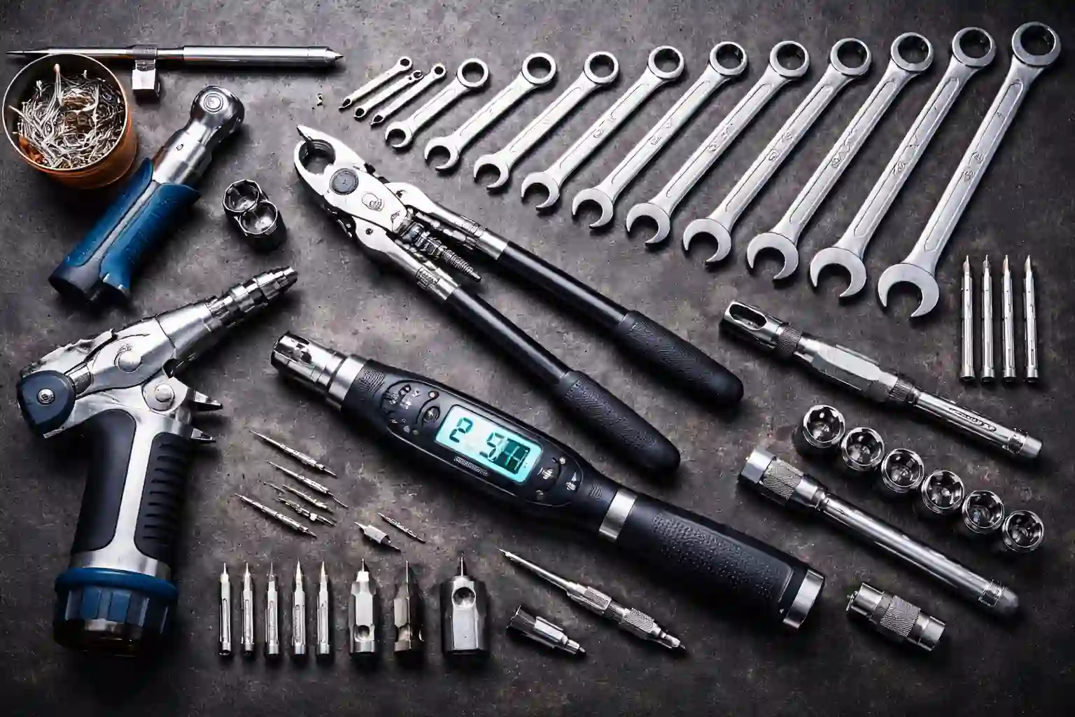 A collection of professional aviation mechanic tools including safety wire pliers and torque wrenches arranged on a workbench.