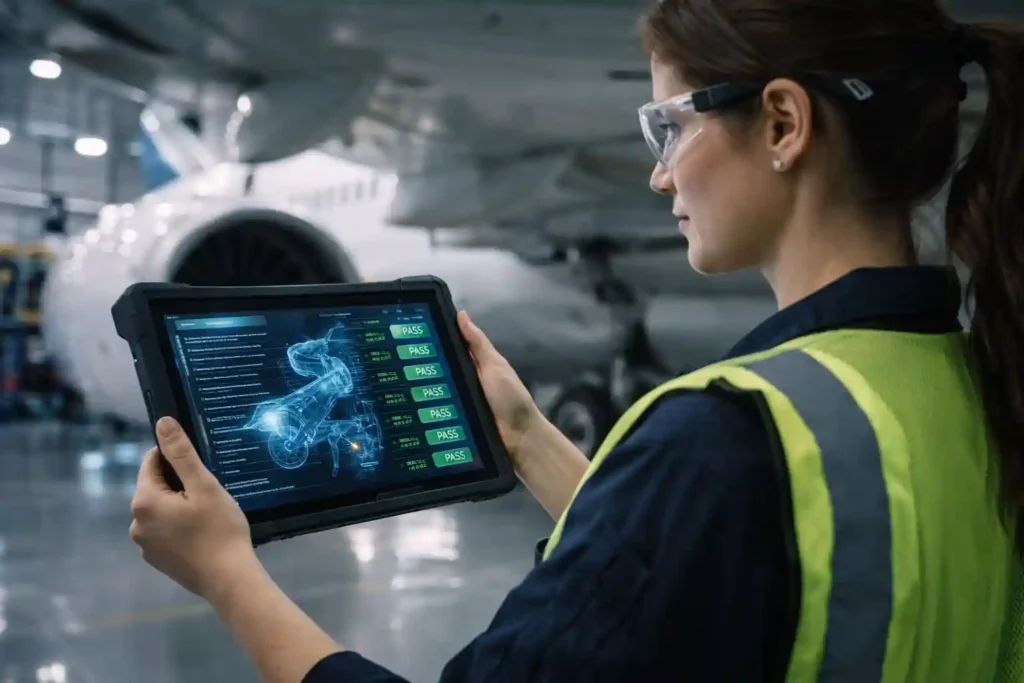 Aviation QA: Why Quality Assurance is Critical 3 Aircraft mechanic using a digital tablet for maintenance checklists to prevent pencil whipping and ensure data accuracy.