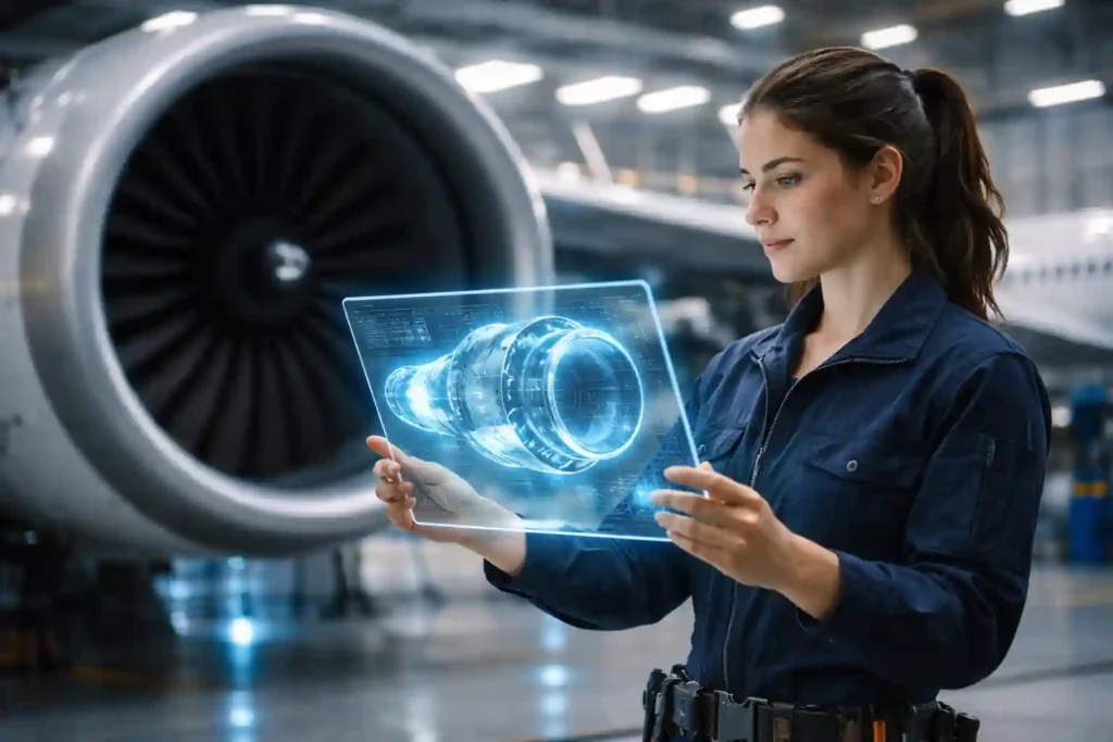 Modern aviation technician using digital twin technology and tablet for predictive maintenance on a jet engine.