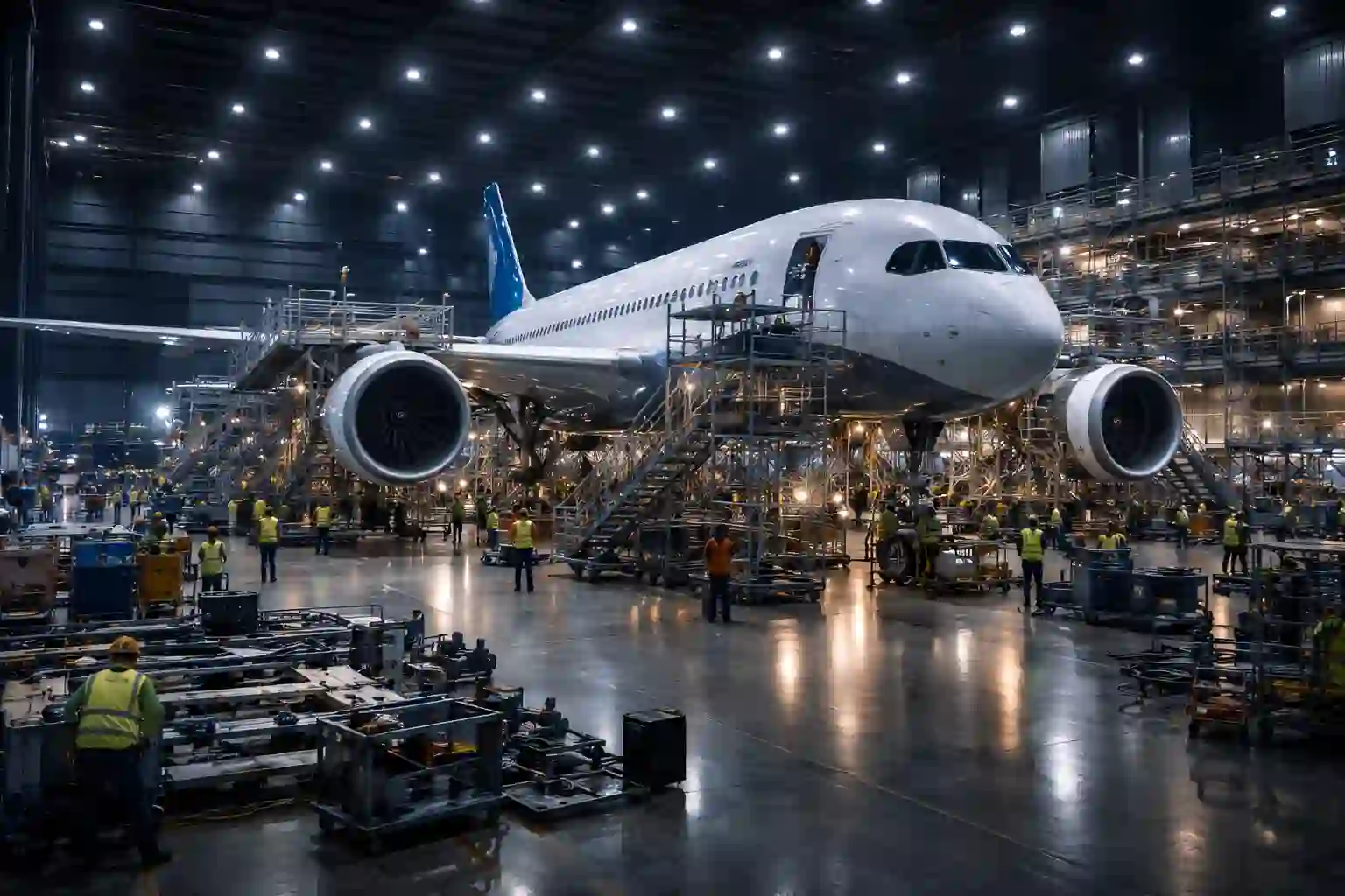 Wide view of a large commercial aircraft surrounded by scaffolding and technicians inside a busy, brightly lit MRO maintenance hangar at night.