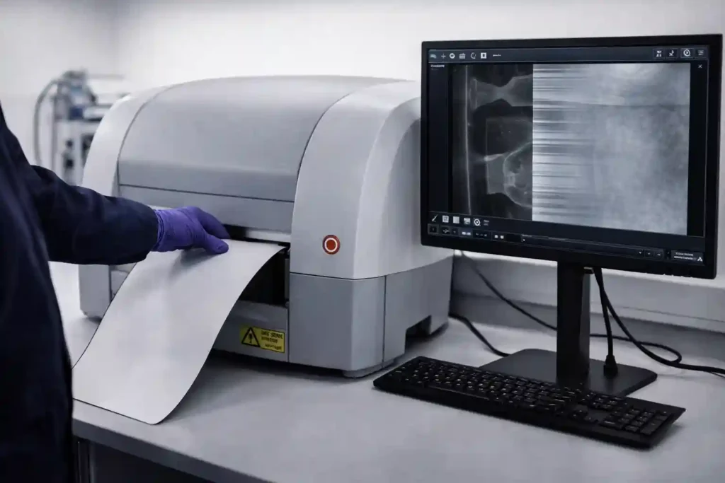 Radiographic Testing: The Aviation X-Ray Guide 3 Technician scanning computed radiography plate in NDT lab