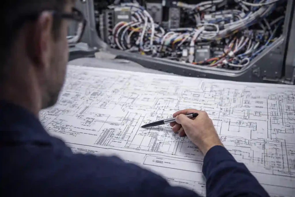 Avionics Technician: Training & Certification Guide 3 Avionics tech reading a complex wiring diagram to troubleshoot a system.