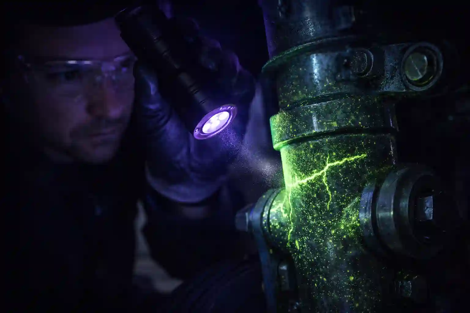 NDT Inspector using UV light for Liquid Penetrant testing on aircraft landing gear.