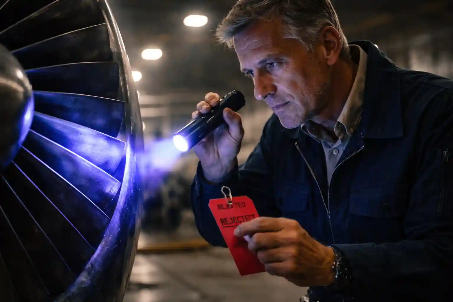 Aviation Quality Control inspector examining a jet engine turbine blade with a UV light and holding a red rejected tag.