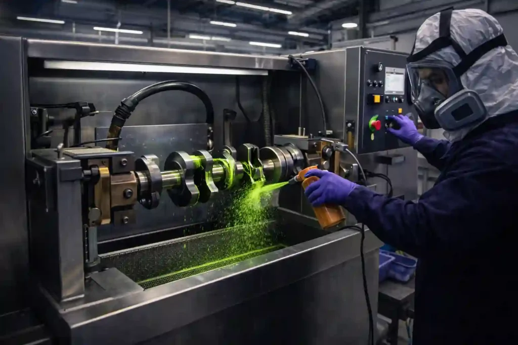 Stationary magnetic particle testing bench unit in aviation shop