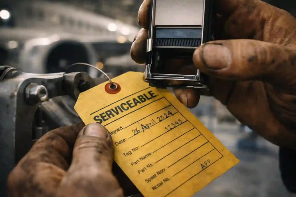 Aviation QA: Why Quality Assurance is Critical 2 Aircraft mechanic signing a yellow serviceable tag and stamping an FAA Form 8130-3 for airworthiness.