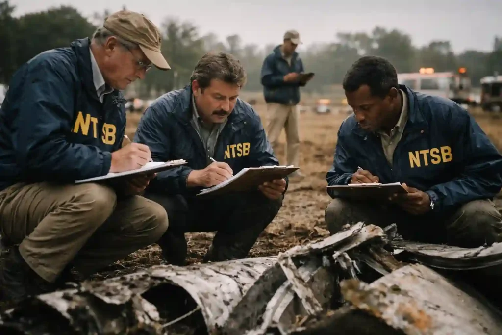 NTSB investigators examining aircraft wreckage in the 1970s to determine accident cause.