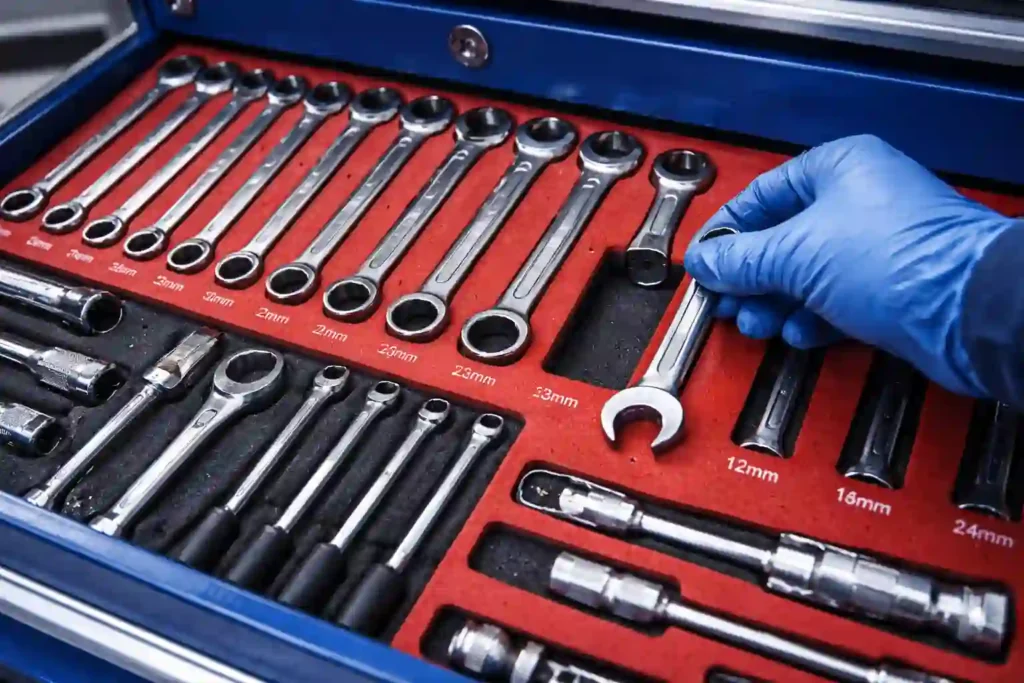 Mechanic placing a tool into a shadow board to prevent Foreign Object Debris incidents.