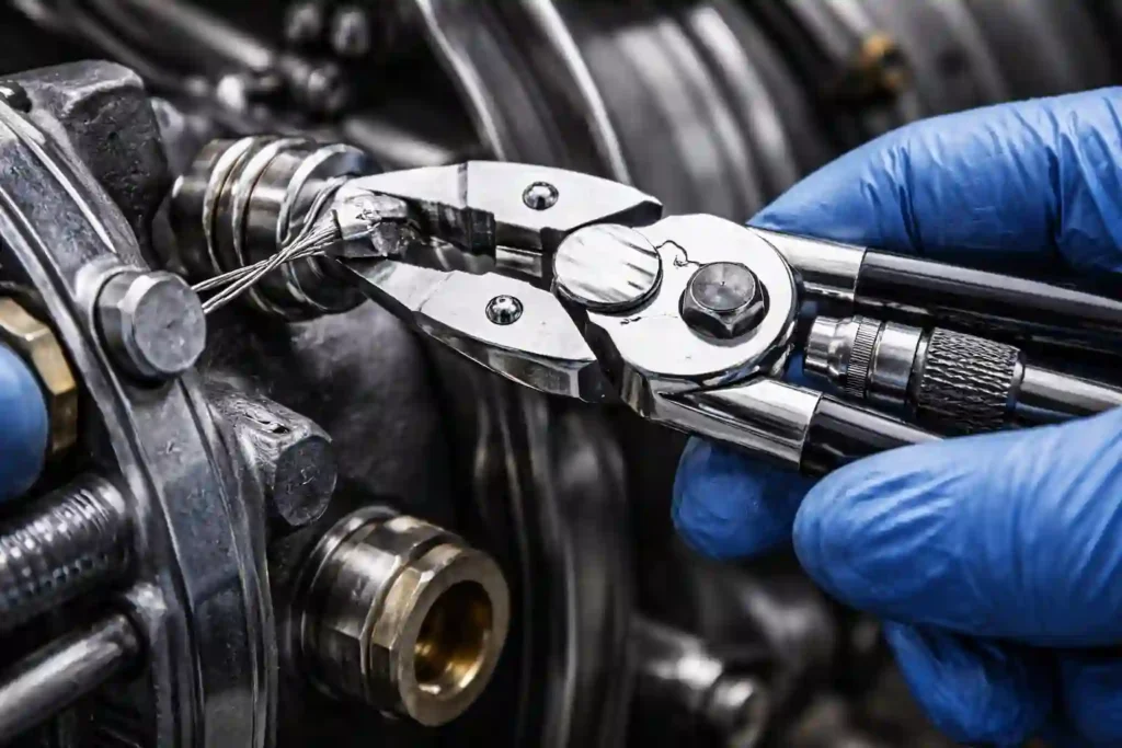 Mechanic using safety wire pliers, one of the most critical aviation mechanic tools, to secure engine bolts.