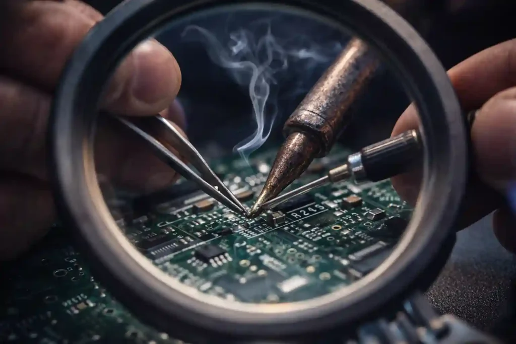 Avionics Technician: Training & Certification Guide 2 Technician soldering a circuit board during avionics technician training.