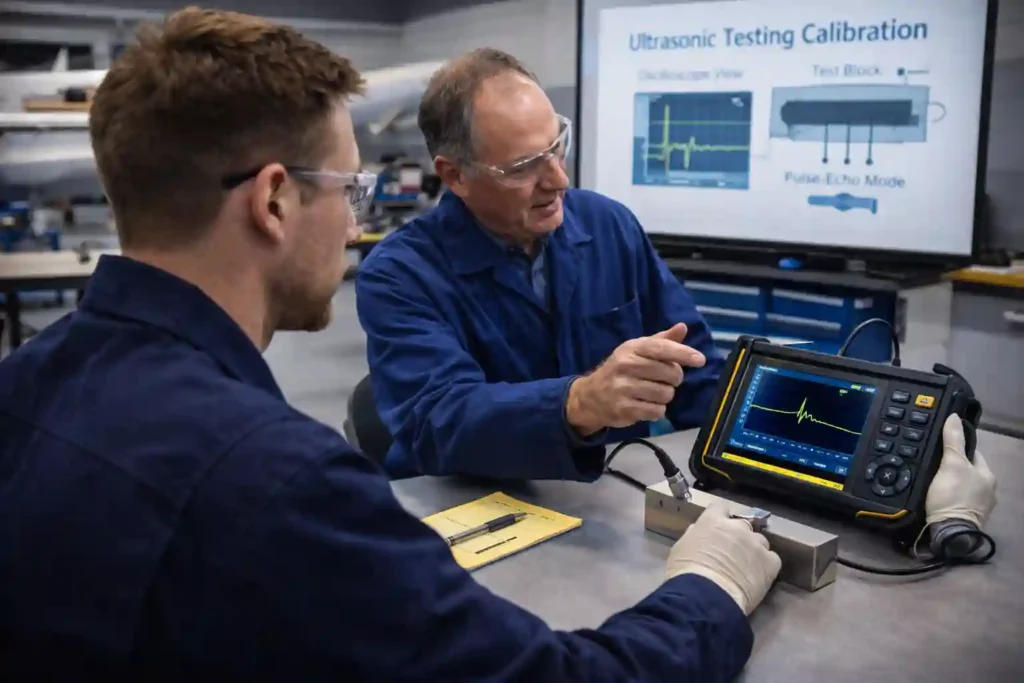 NDT Inspector: Training & Certification Guide 3 Student receiving NDT inspector training on Ultrasonic equipment.