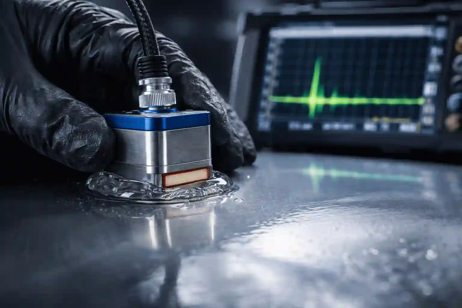 Ultrasonic testing inspection probe on aircraft part