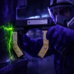 Technician using magnetic particle testing yoke on aircraft landing gear