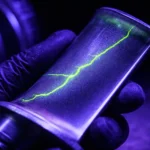 Fluorescent Liquid Penetrant Testing indication on an aviation turbine blade under UV light.