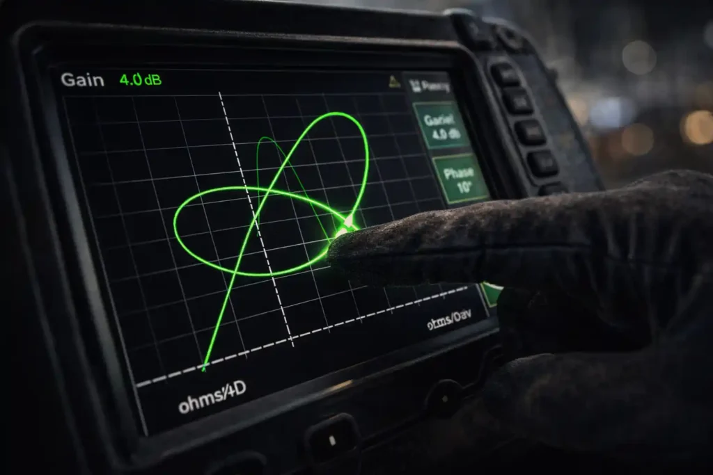 Digital Eddy Current flaw detector screen displaying a green Lissajous impedance plane curve indicating a defect signal.