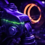 Steel aircraft component showing a fluorescent crack detected using Magnetic Particle Inspection equipment and UV light.