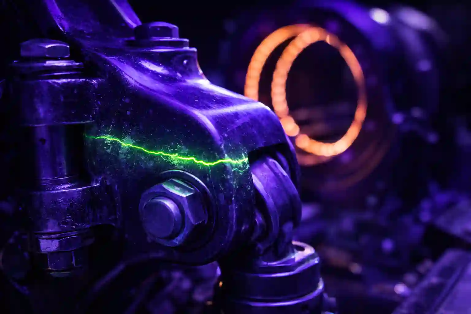 Steel aircraft component showing a fluorescent crack detected using Magnetic Particle Inspection equipment and UV light.