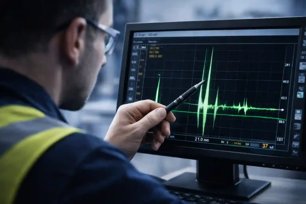 NDT Levels Explained: Responsibilities & Salary Guide 3 NDT technician analyzing complex ultrasonic A-scan signals on a digital flaw detector screen to evaluate structural integrity.