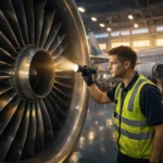 Aviation technician performing general visual inspection (GVI) on a commercial jet engine in a hangar